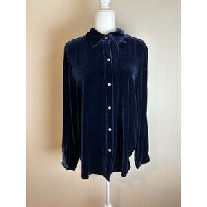 Boston Proper L Silk Velvet Button Up Shirt Top Blouse Blue Long Sleeve